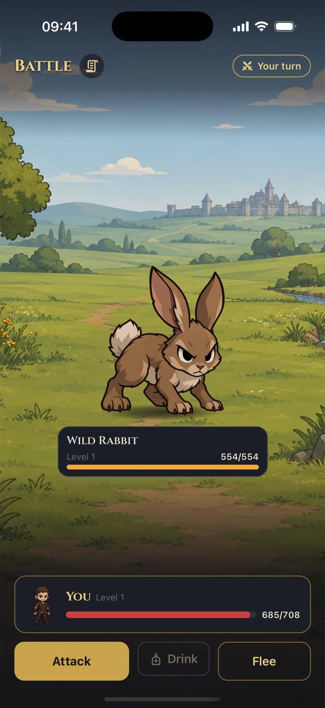 A battle against a wild rabbit in the Viclis Fields, with the attack, drink and flee actions
