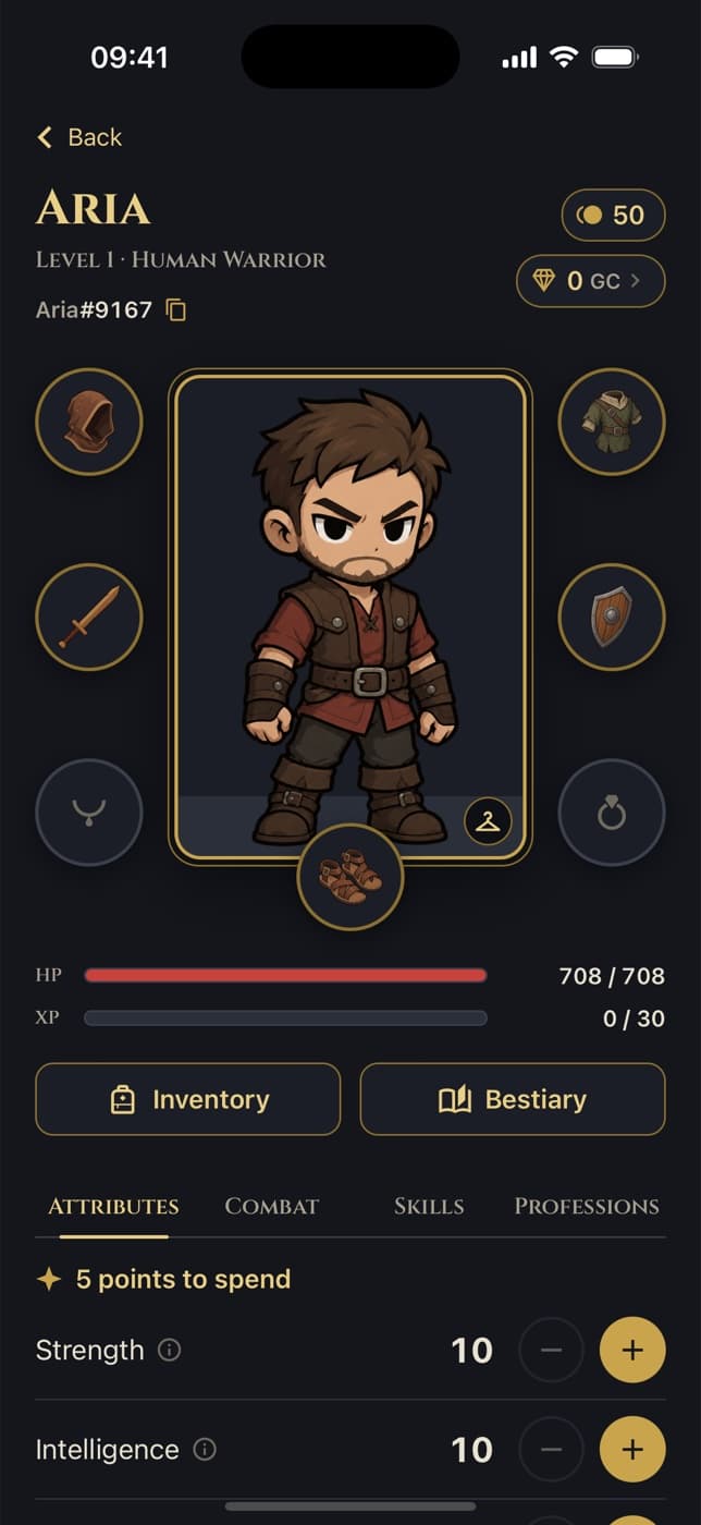 The profile of a warrior, with the equipment slots around the character and the attributes below