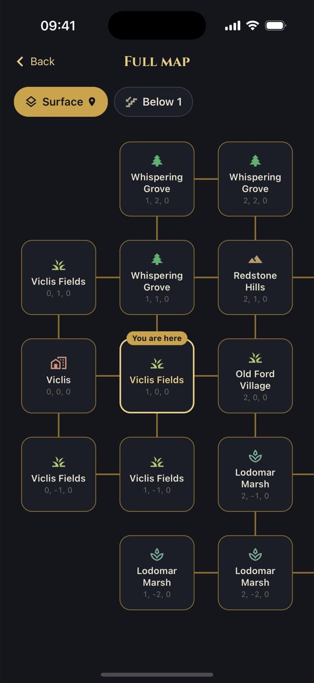 The full map of Viclis, with the places discovered and the roads between them