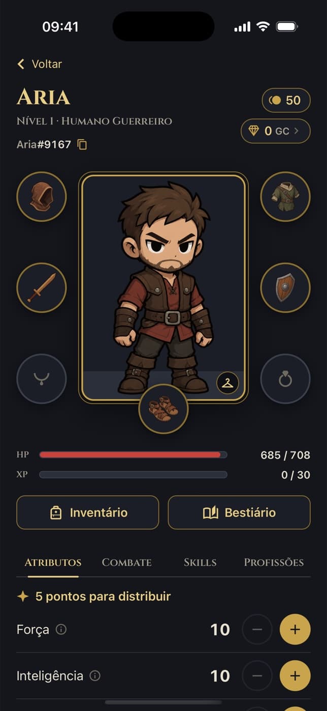 O perfil de um guerreiro, com os espaços de equipamento em volta do personagem e os atributos embaixo